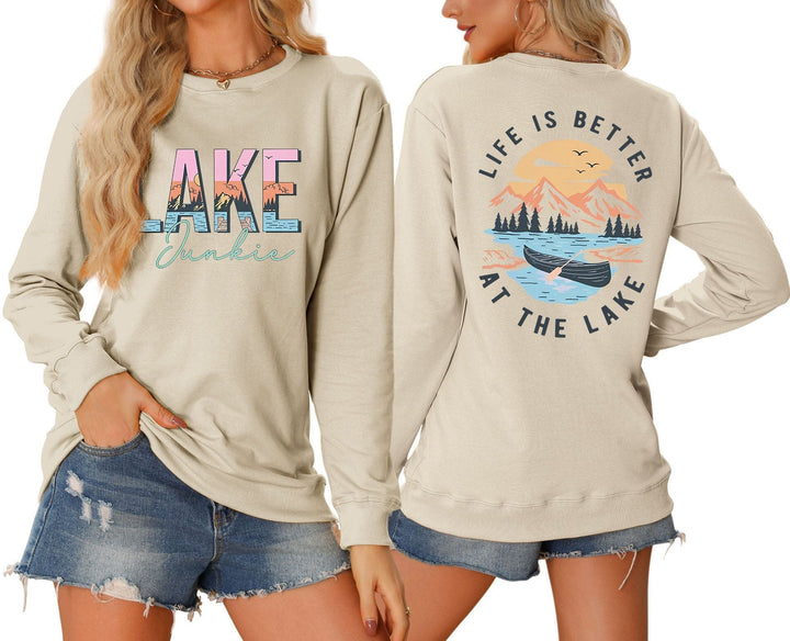 T-shirt à manches longues pour femmes avec motif lac créatif et coupe décontractée