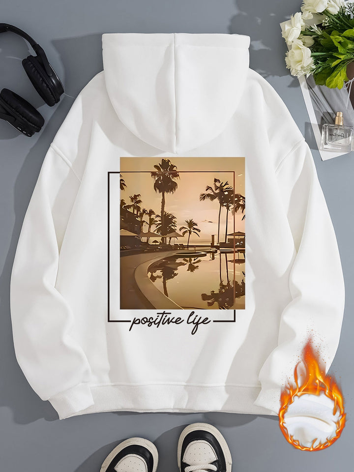 Sweat à capuche pour femmes avec motif de palmiers urbains et slogan positif