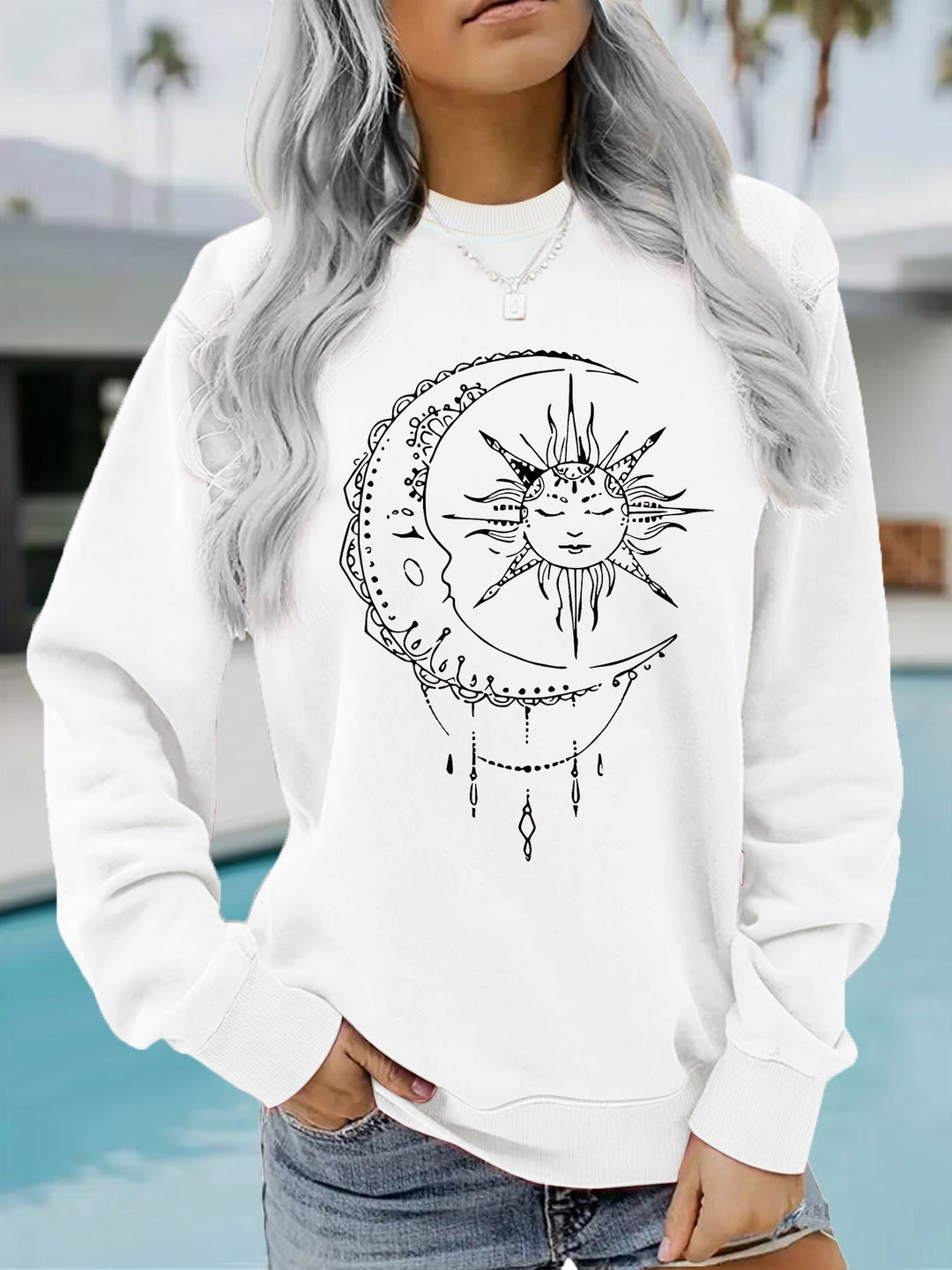 Sweat-shirt pour femmes avec motif artistique de soleil et de lune