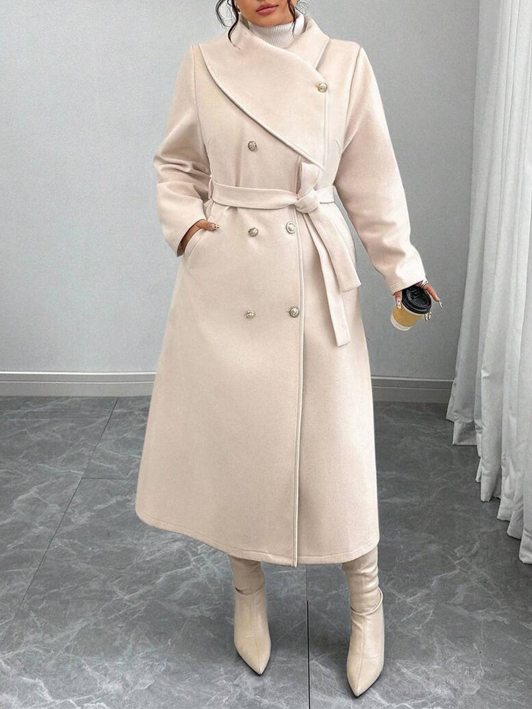 Manteau en laine élégant et chaud pour femmes avec double boutonnage et ceinture