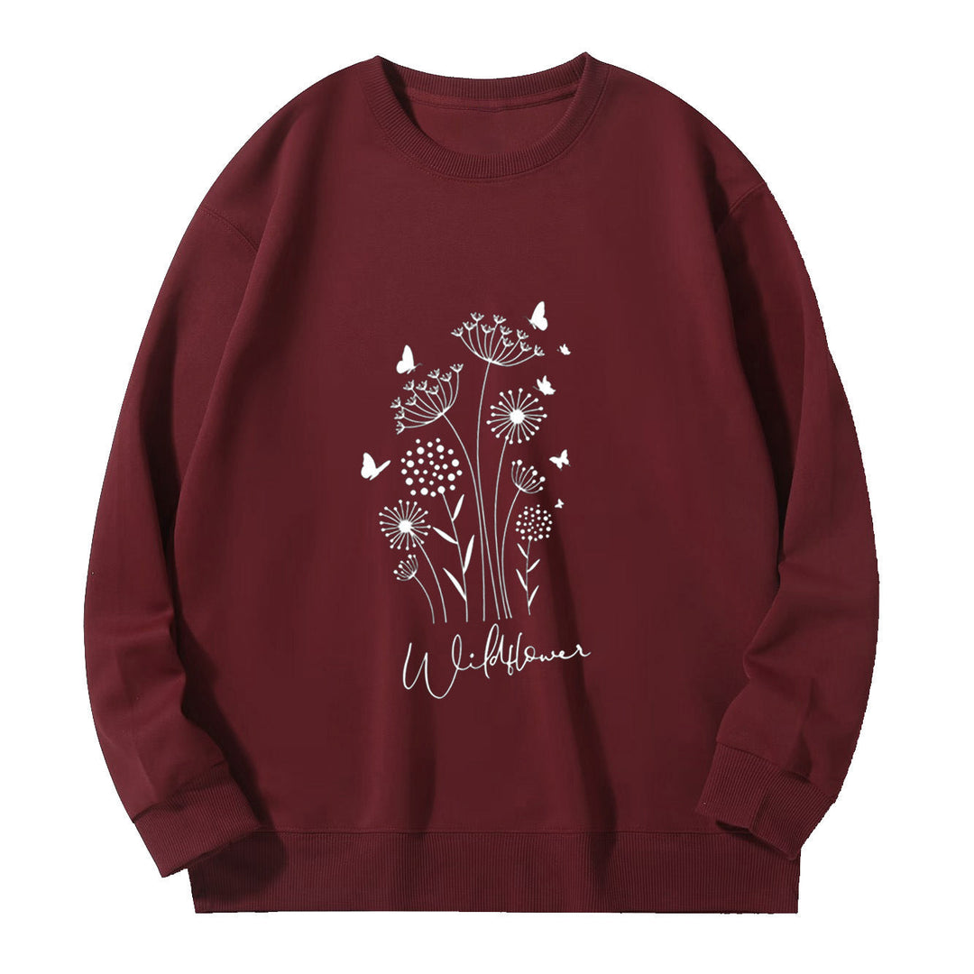 Sweatshirt pour femmes avec imprimé floral de fleurs sauvages et doublure douillette