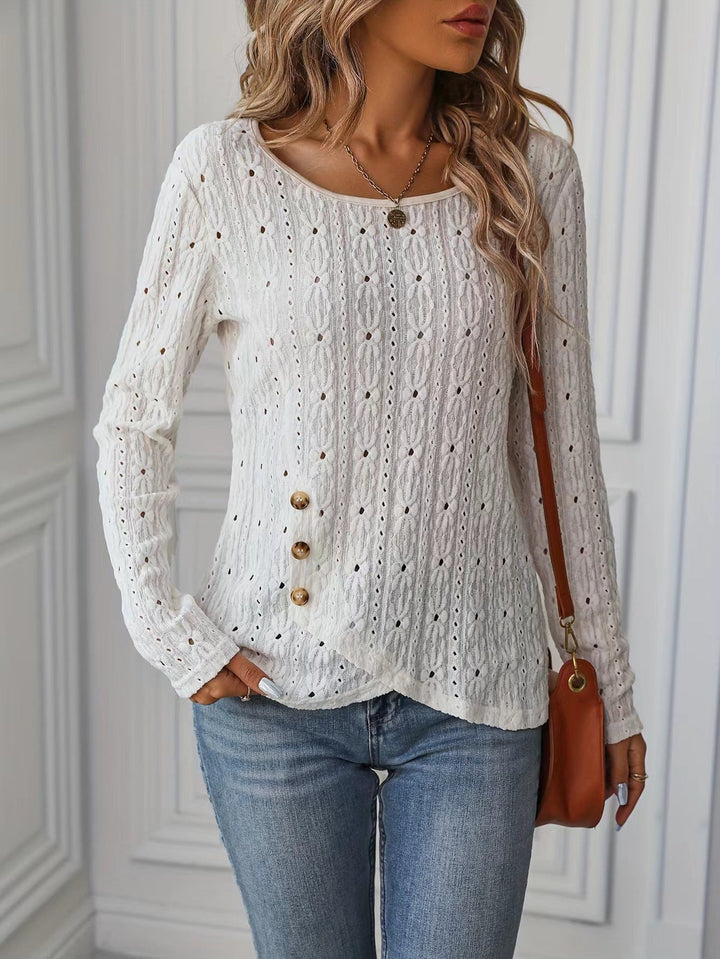 T-shirt à manches longues pour femmes avec boutons décoratifs et texture
