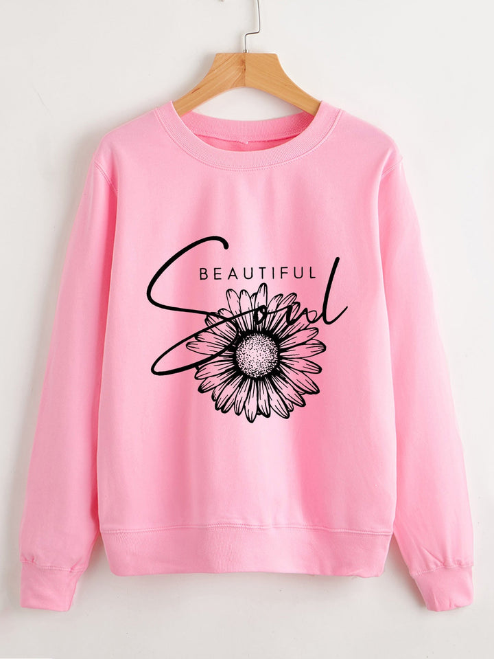 Sweat-shirt femme avec motif floral et inscription inspirante