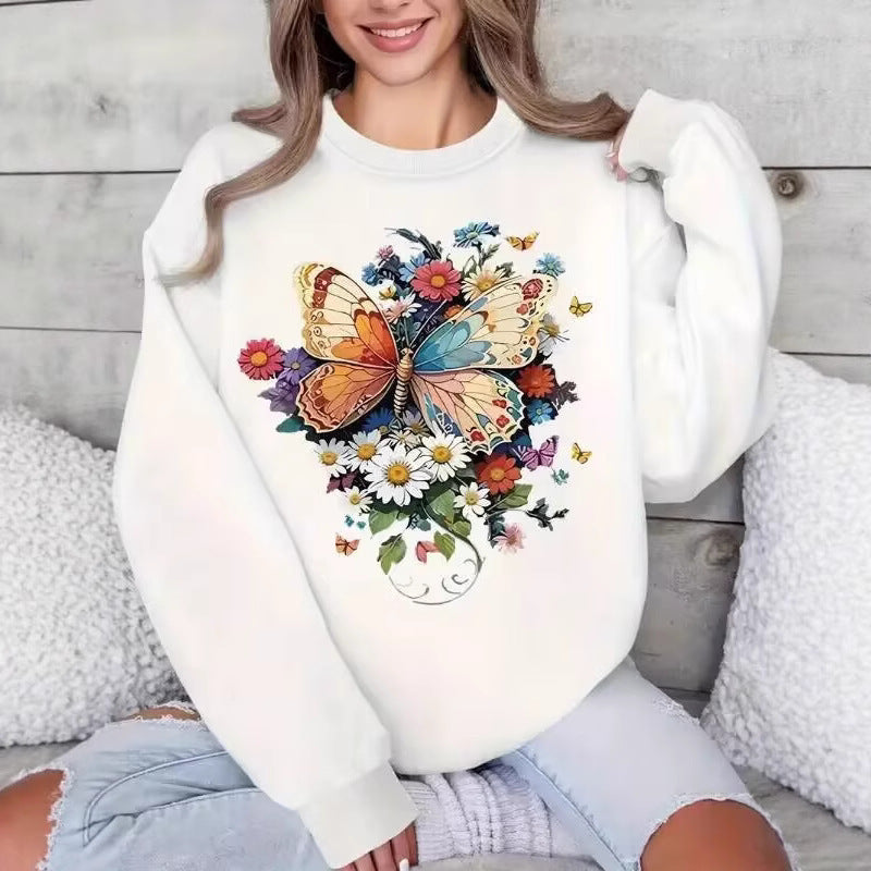 Sweatshirt à manches longues pour femmes avec impression florale de papillon