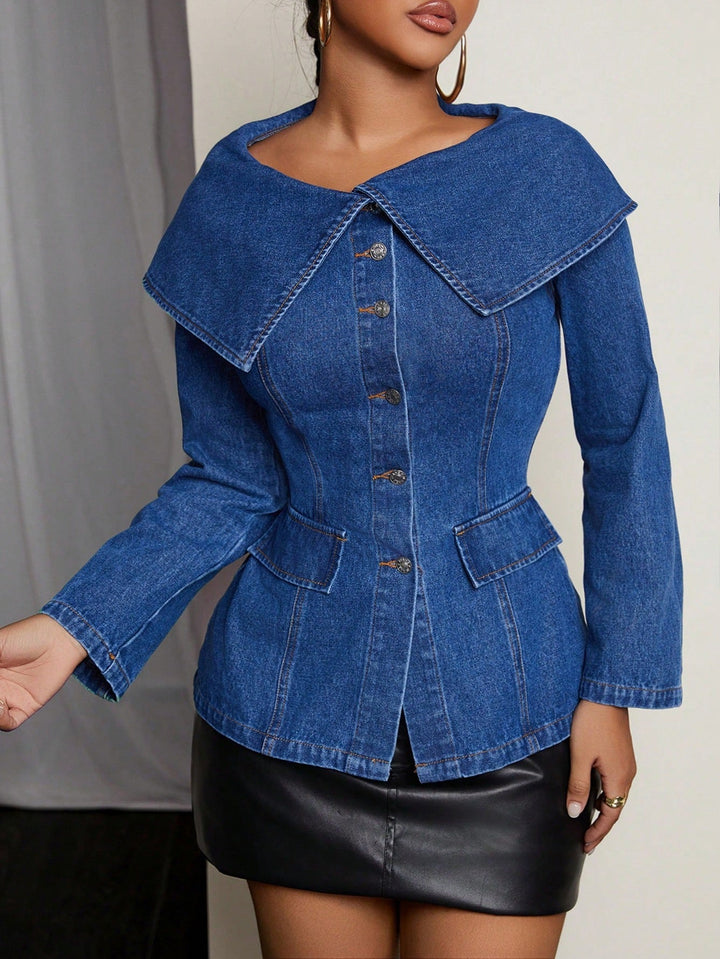 Veste blazer en denim pour femmes avec col large et poches pratiques