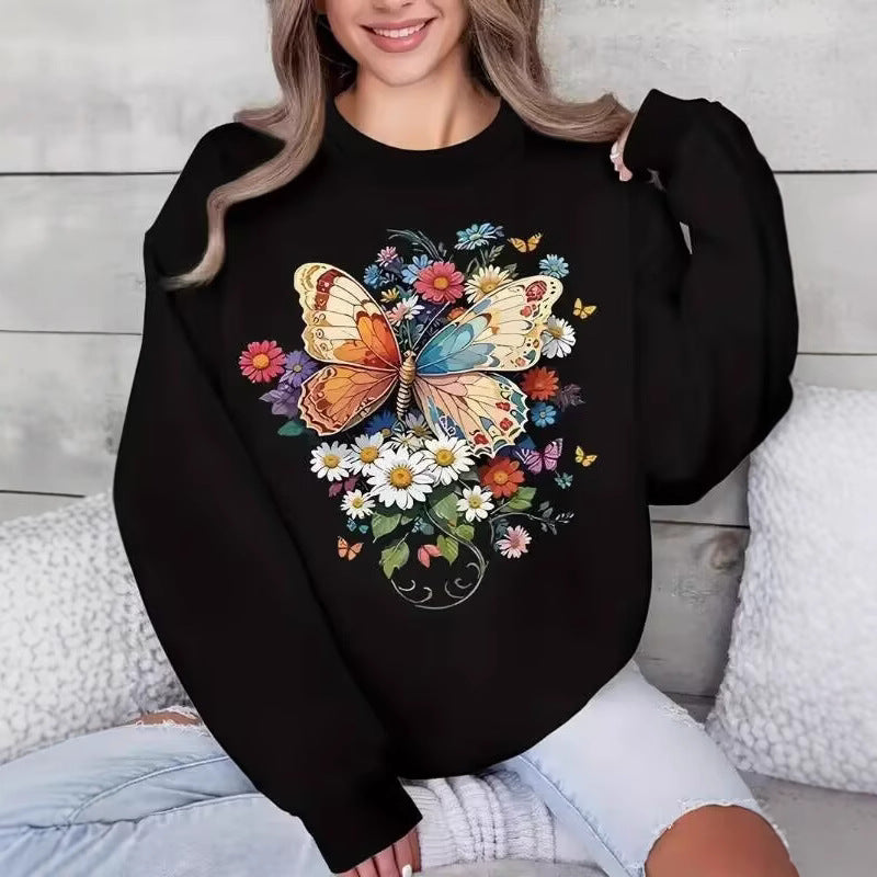 Sweatshirt à manches longues pour femmes avec impression florale de papillon