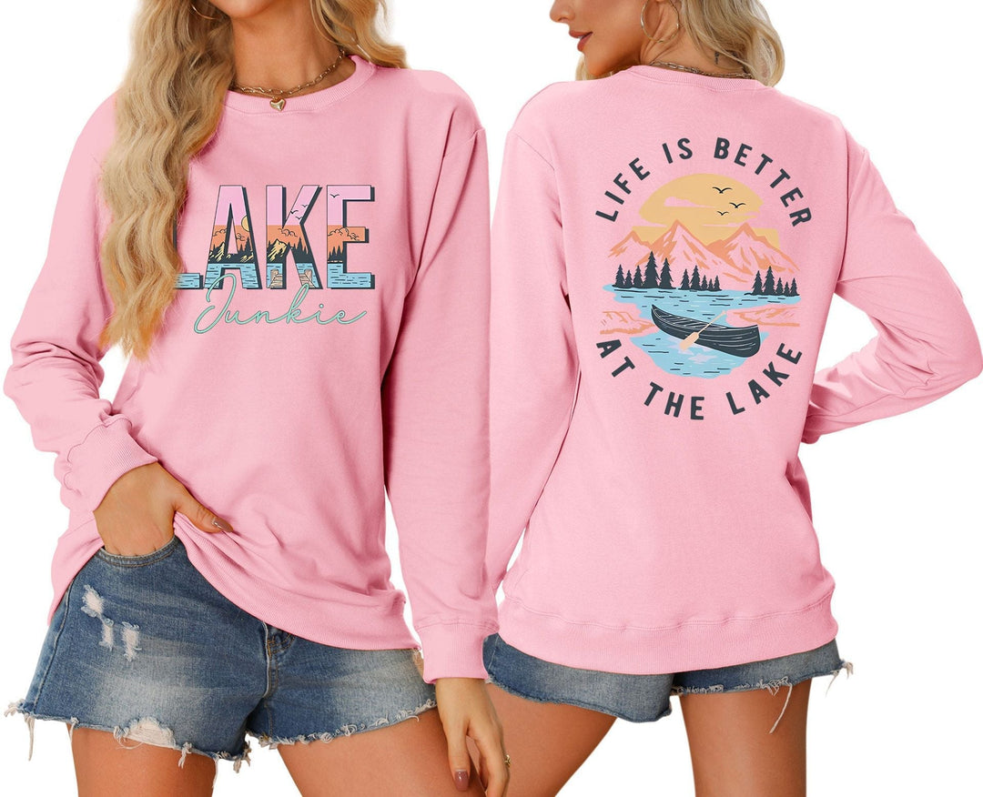 T-shirt à manches longues pour femmes avec motif lac créatif et coupe décontractée