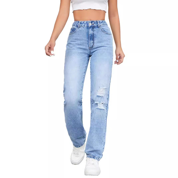 Jeans pour femmes taille haute au style vintage décontracté avec effet destroy