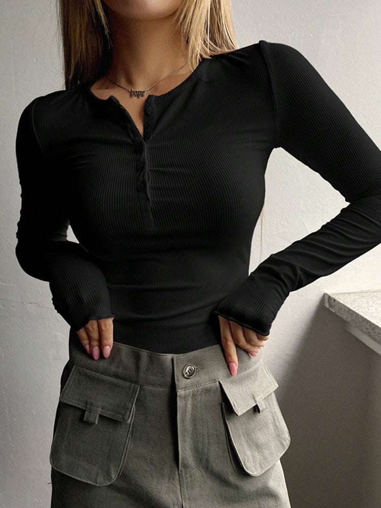 T-shirt à manches longues avec demi-boutonnage pour femmes