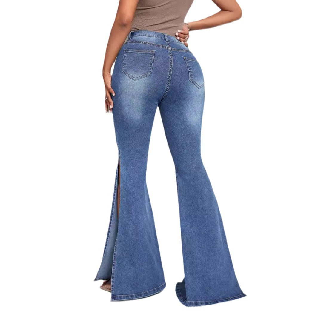 Jeans évasés taille haute élégants pour femmes avec fentes latérales