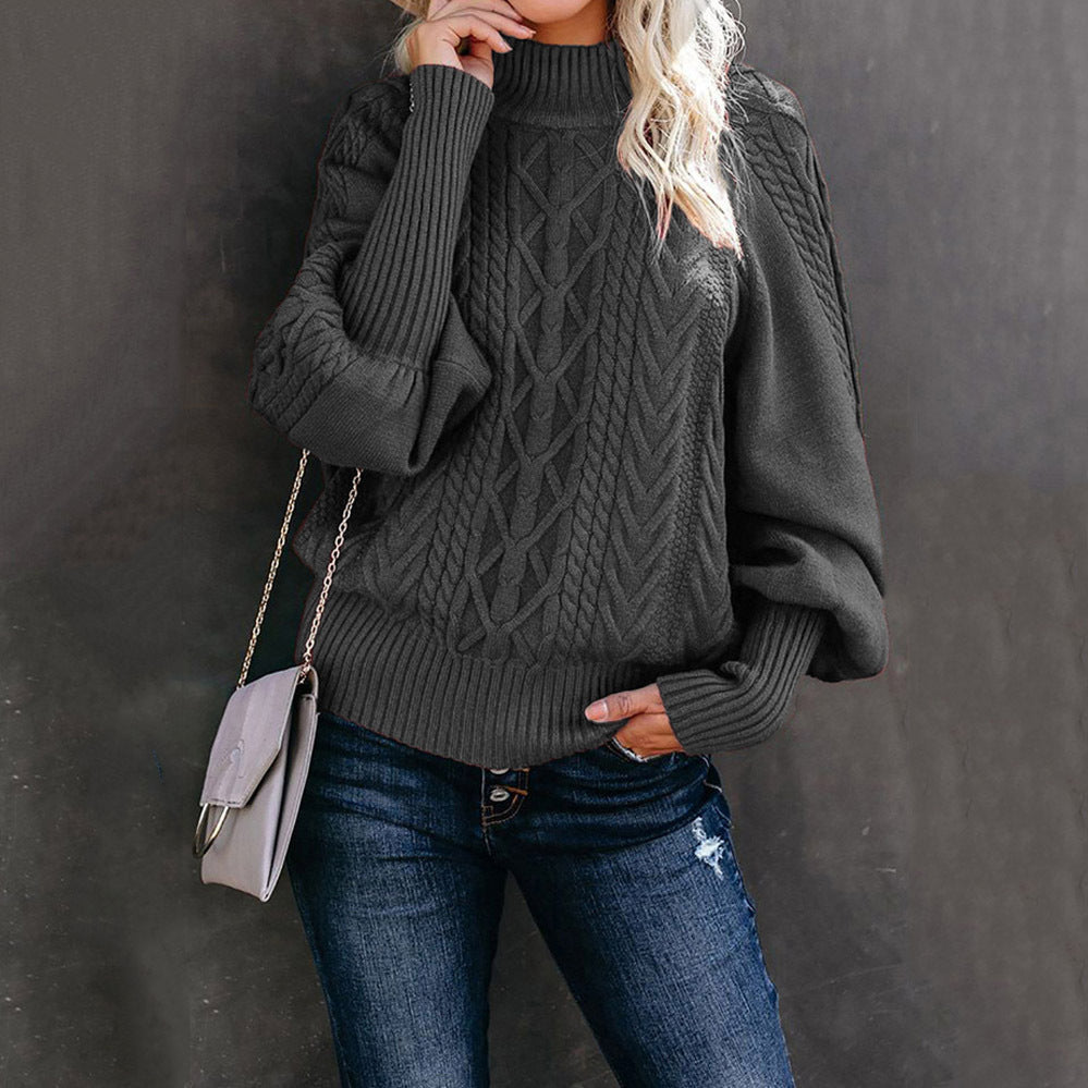 Pull en grosse maille pour femmes avec col montant et manches ballon
