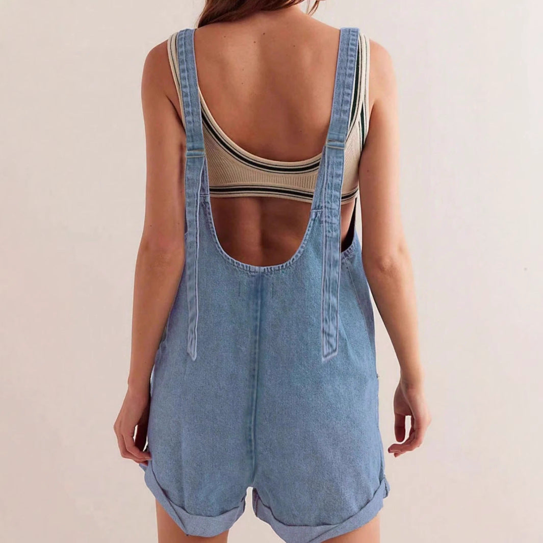 Leni | Salopette en Jean Femme Courte Sans Manches Décolleté Large