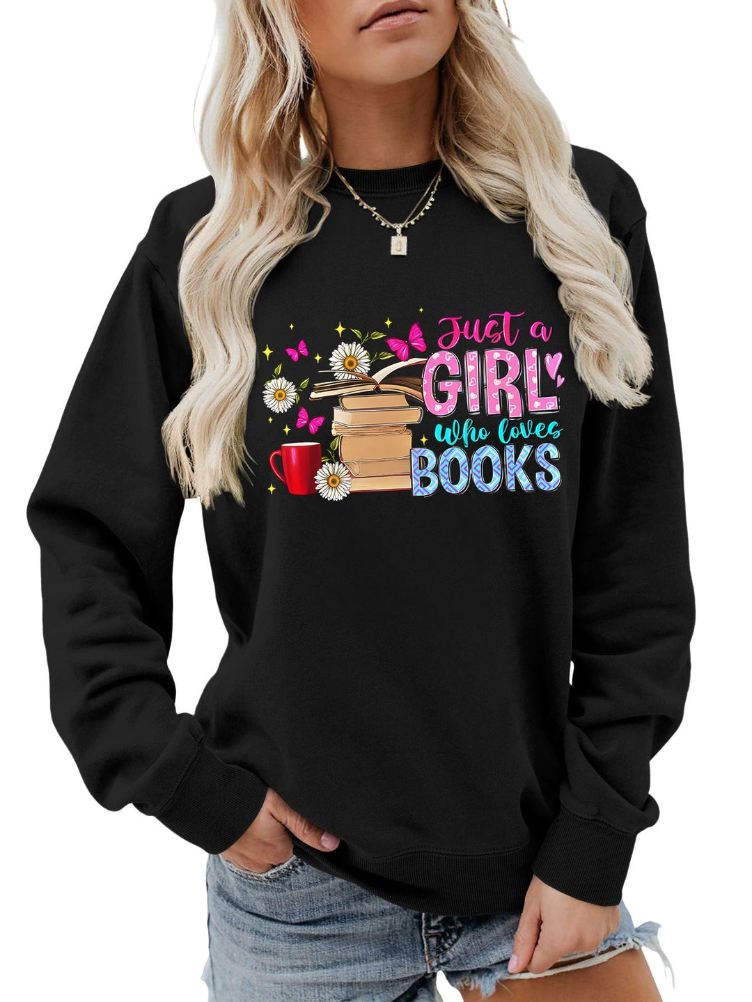Sweatshirt pour femmes avec motif de livre accrocheur et coupe décontractée