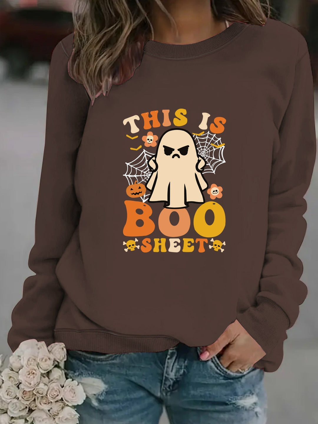 Sweatshirt pour femmes avec impression de fantôme automnal et coupe décontractée