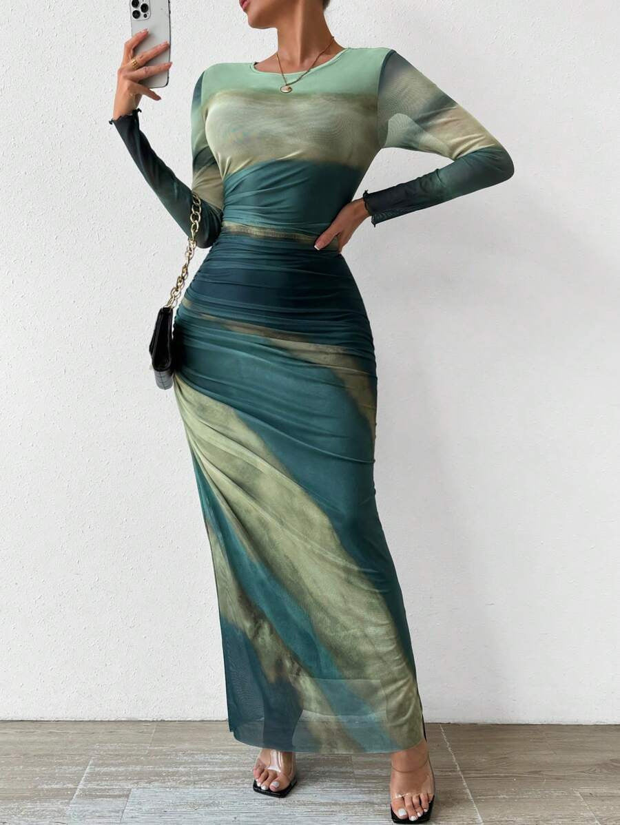 TORINA - Robe maxi imprimée confortable à manches longues et col rond