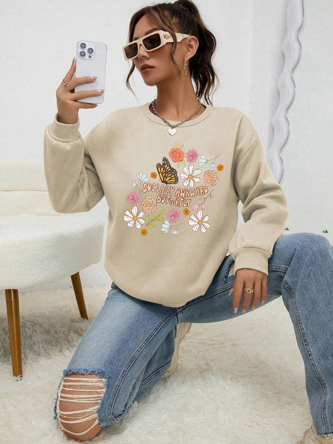Sweatshirt pour femmes avec design floral créatif et impression inspirante