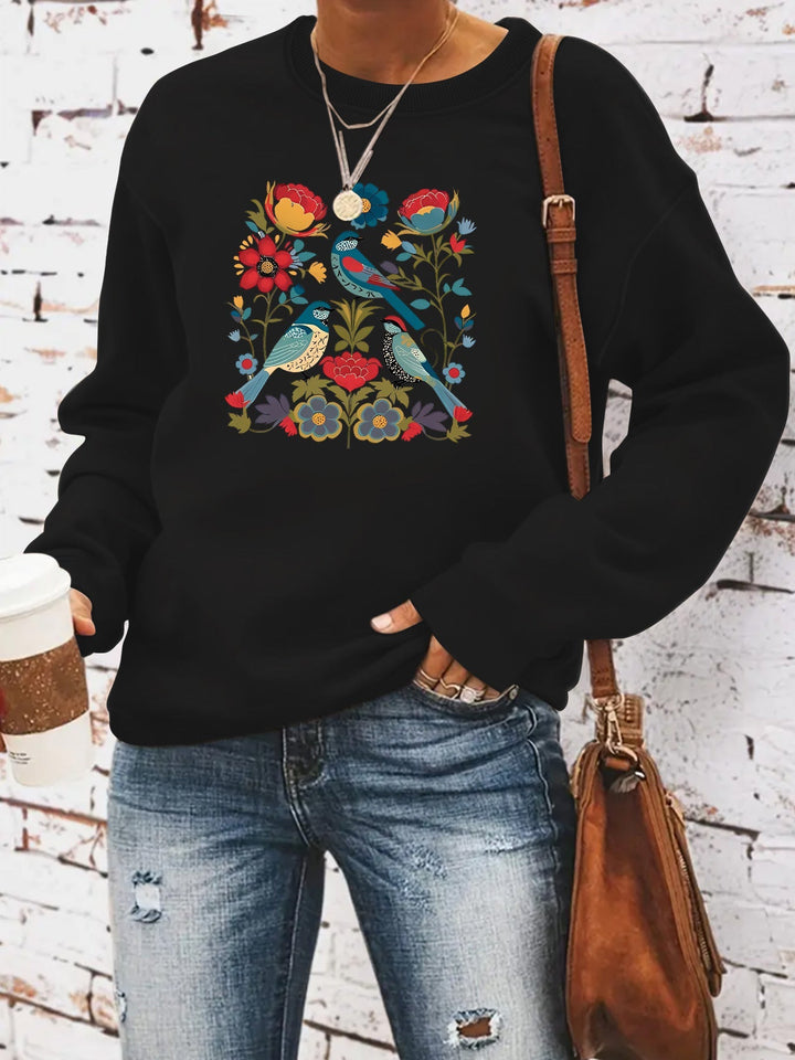 Sweat-shirt pour femmes avec motif floral d'oiseau et coupe décontractée