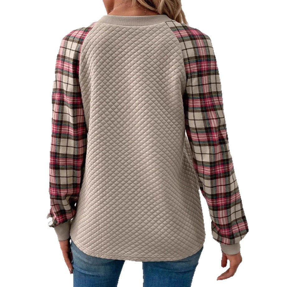 Sweatshirt femme avec texture en grille et manches à carreaux