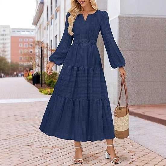 Robe maxi femme avec des manches bouffantes élégantes et une taille smockée