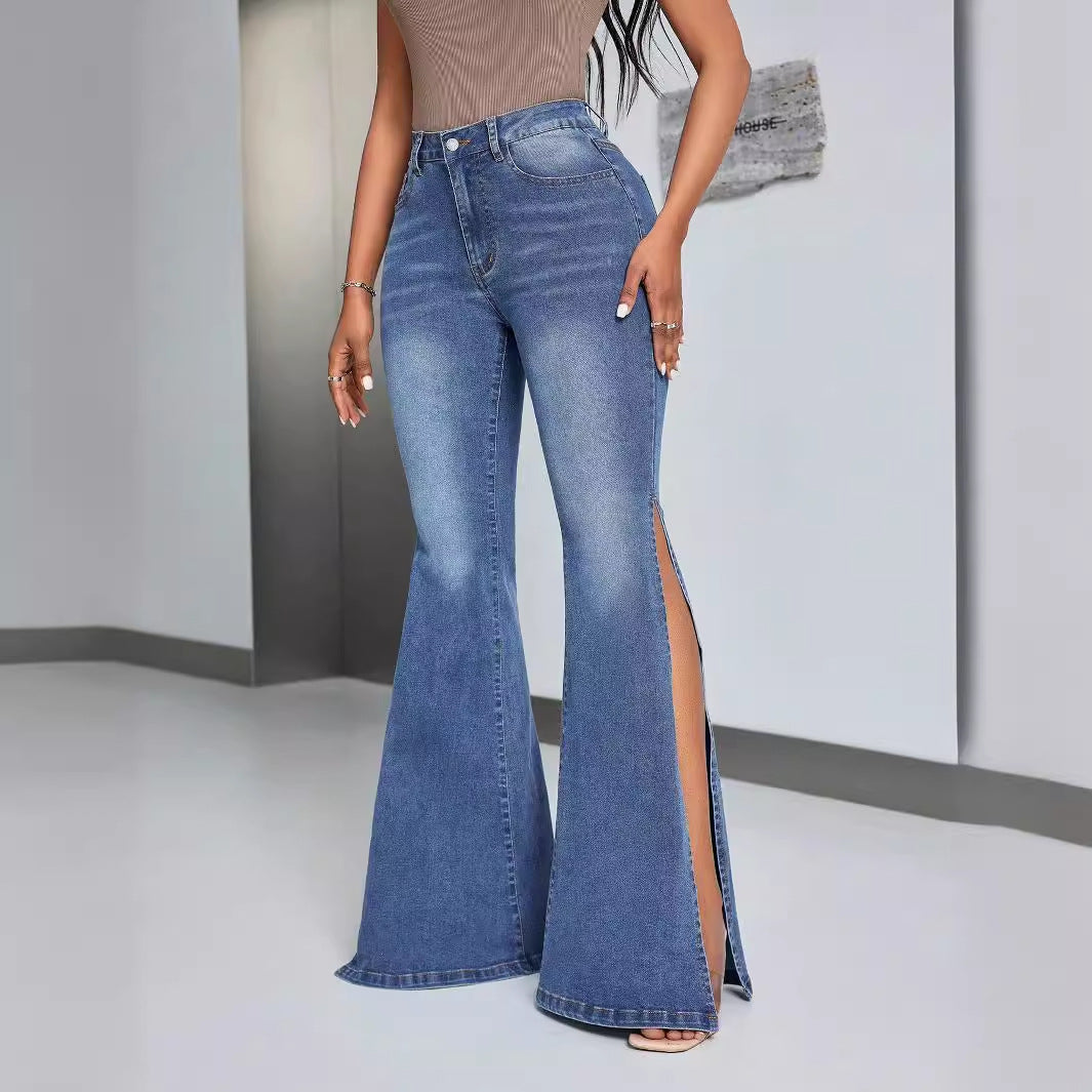 Jeans évasés taille haute élégants pour femmes avec fentes latérales