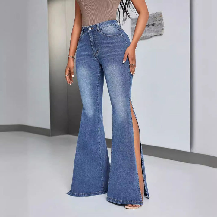 Jeans évasés taille haute élégants pour femmes avec fentes latérales