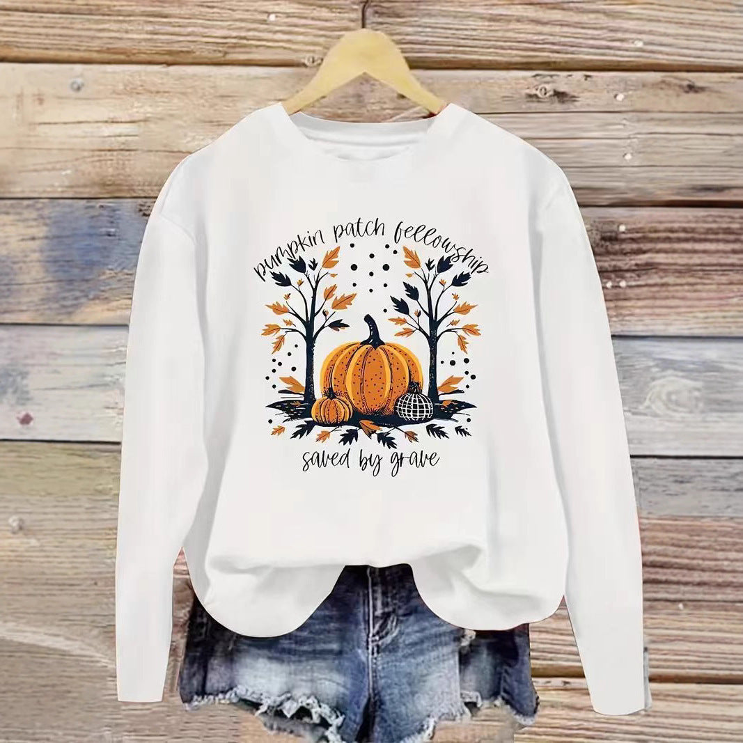 Sweat-shirt pour femmes avec motif de citrouille automnal et coupe décontractée