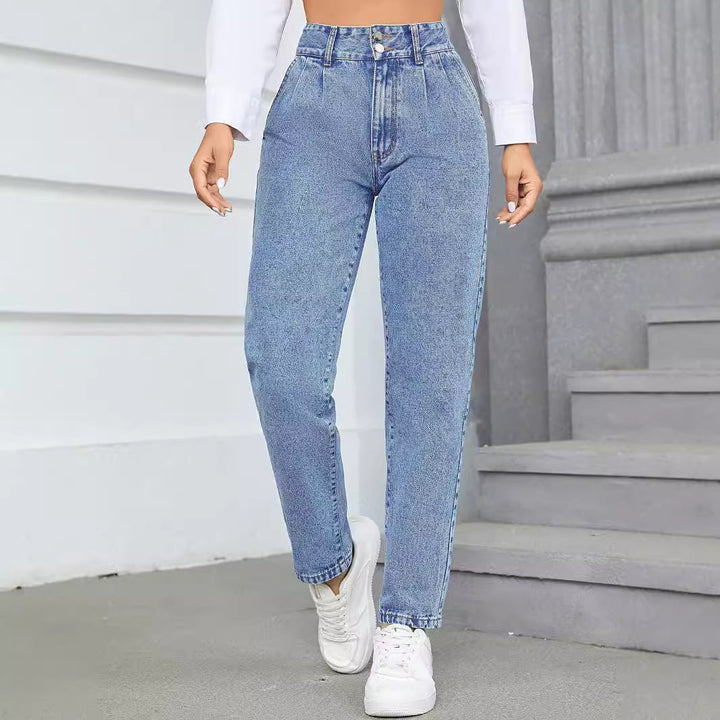 Jeans Boyfriend Taille Haute pour Femmes avec Coupe Classique et Détails Boutonnés