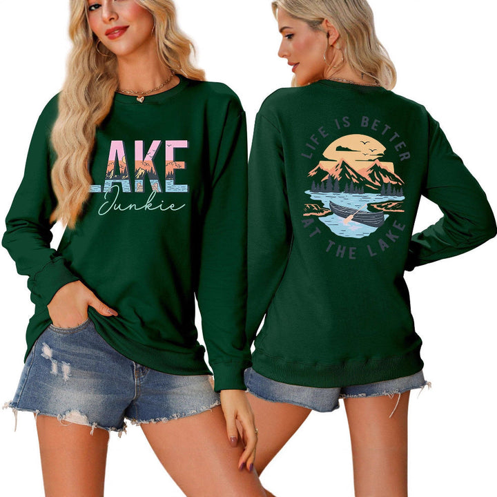 T-shirt à manches longues pour femmes avec motif lac créatif et coupe décontractée