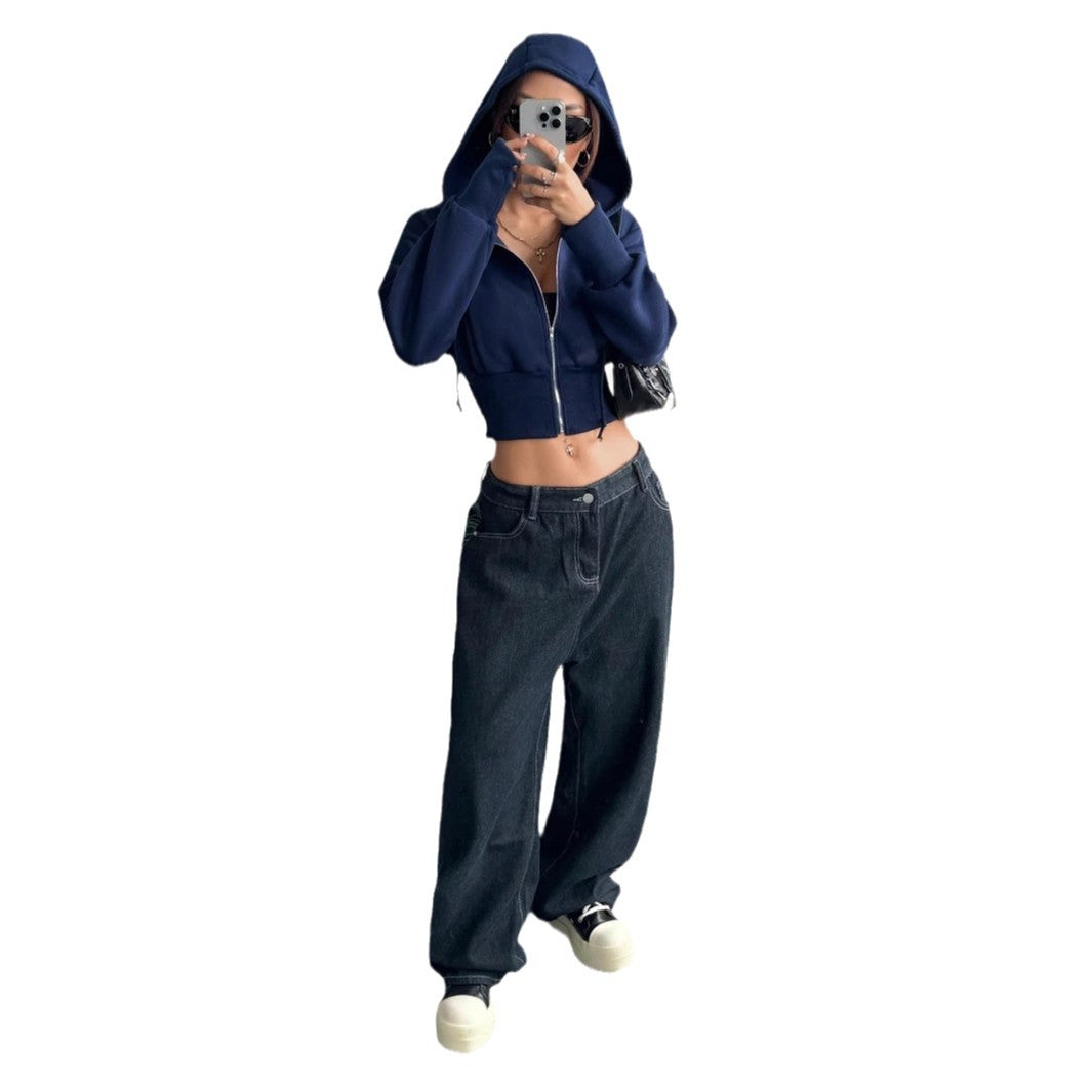 Pull cropped à capuche pour femmes avec fermeture éclair et manches larges