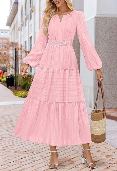Robe maxi femme avec des manches bouffantes élégantes et une taille smockée
