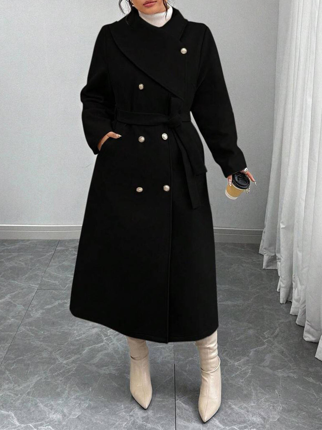 Manteau en laine élégant et chaud pour femmes avec double boutonnage et ceinture