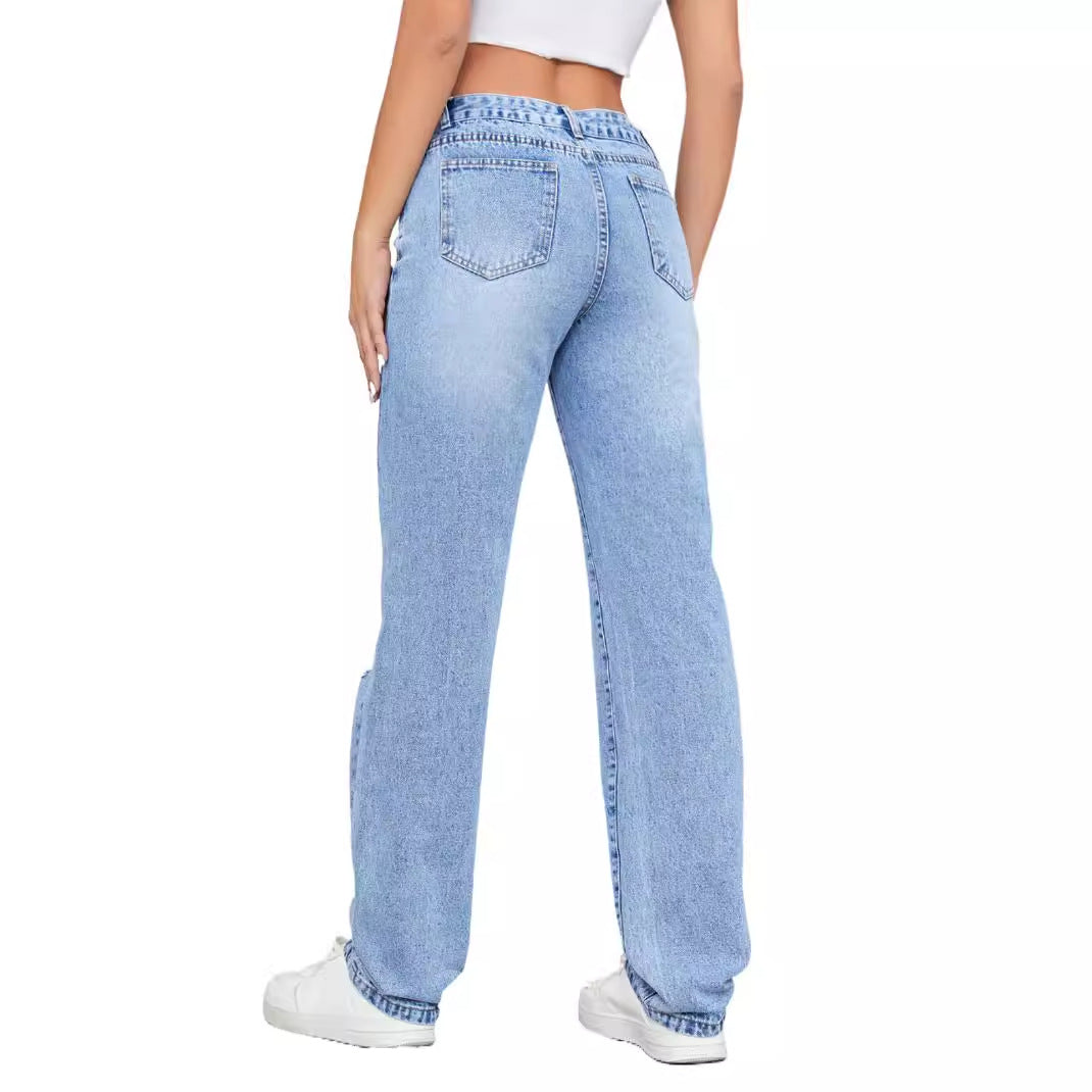 Jeans pour femmes taille haute au style vintage décontracté avec effet destroy
