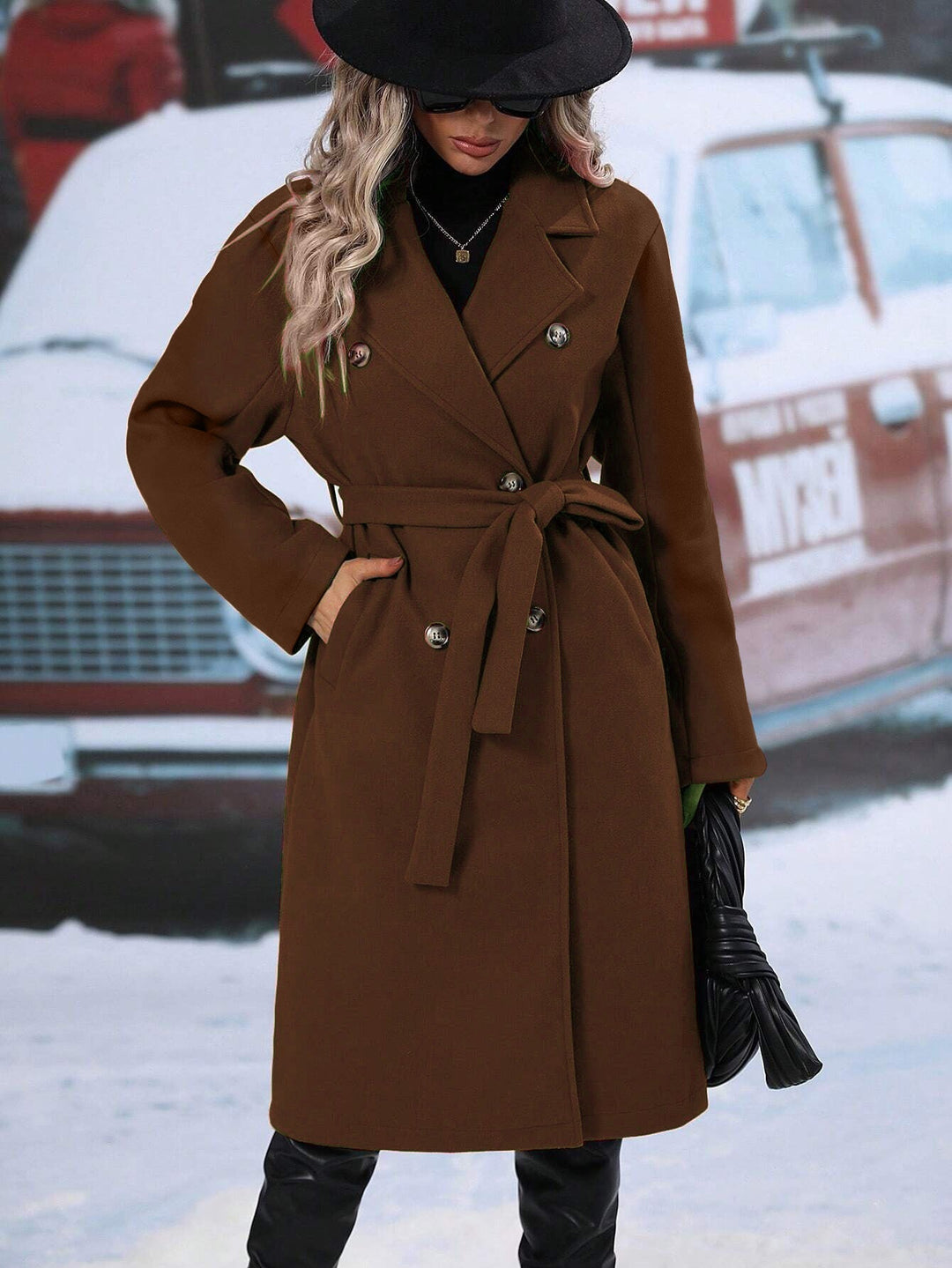 Manteau oversized élégant pour femmes avec double boutonnage et ceinture chic