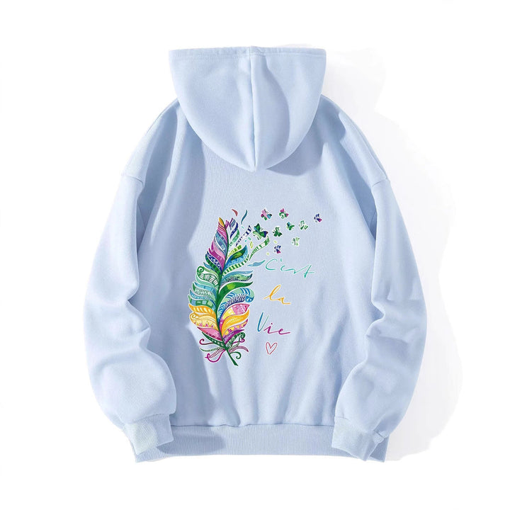 Sweat à capuche décontracté pour femmes avec design de plumes colorées et inscription inspirante