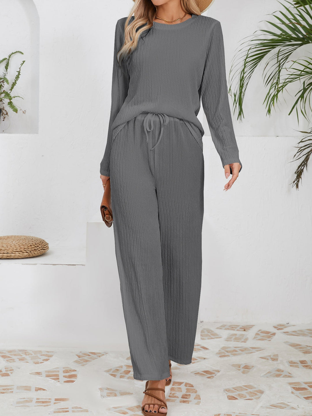 Ensemble décontracté et confortable pour femmes avec texture côtelée et taille élastique