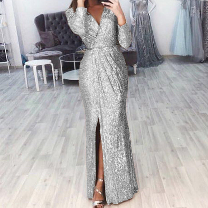 Robe de soirée longue pour femmes avec un élégant décolleté croisé et une fente