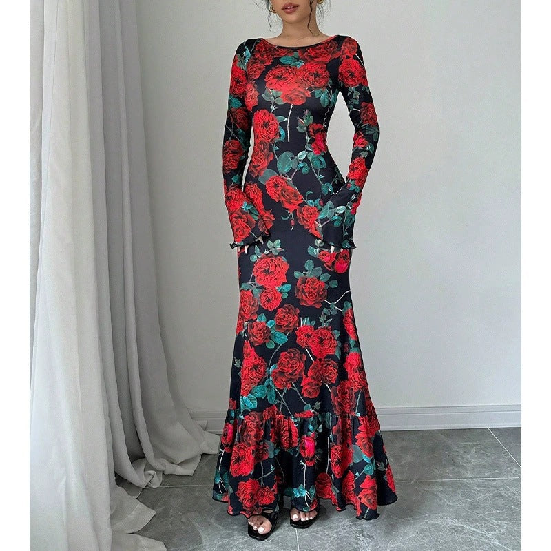 Robe maxi élégante pour femmes avec des détails en volants floraux et des manches longues