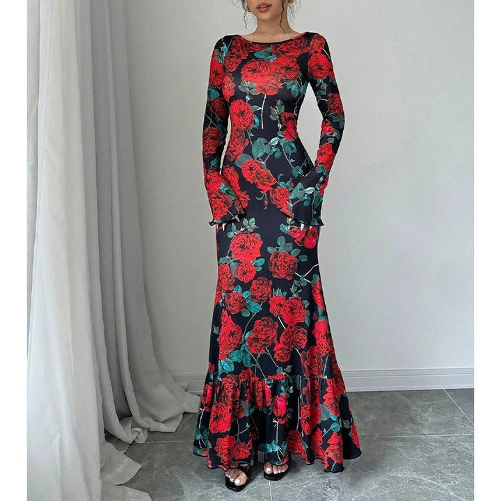 Robe maxi élégante pour femmes avec des détails en volants floraux et des manches longues