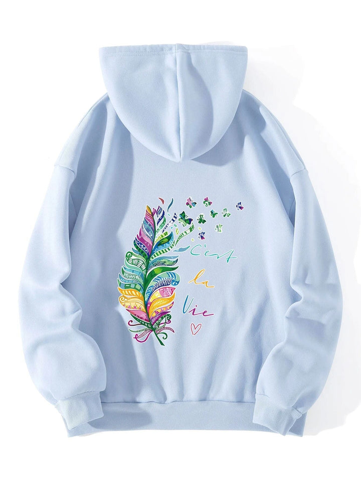 Sweat à capuche décontracté pour femmes avec design de plumes colorées et inscription inspirante