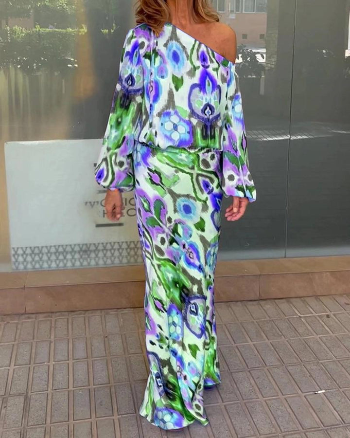Robe maxi élégante pour femmes avec une coupe asymétrique et des manches fluides