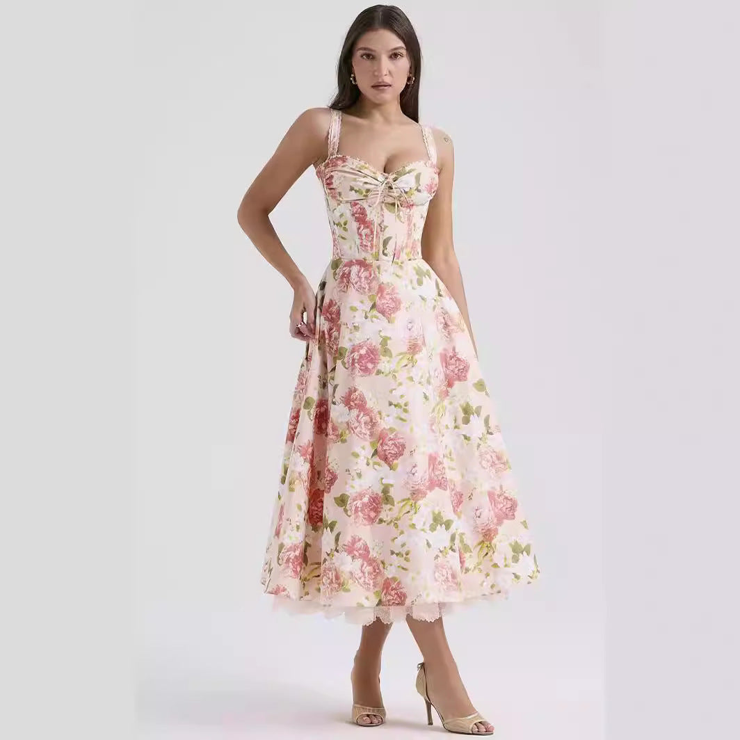 Camila - Robe midi à fleurs avec corset