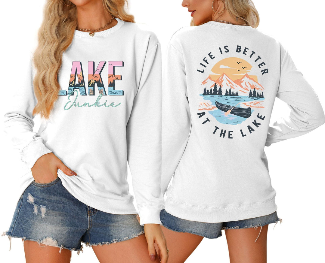 T-shirt à manches longues pour femmes avec motif lac créatif et coupe décontractée