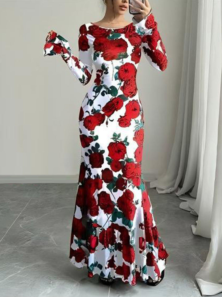 Robe maxi élégante pour femmes avec des détails en volants floraux et des manches longues