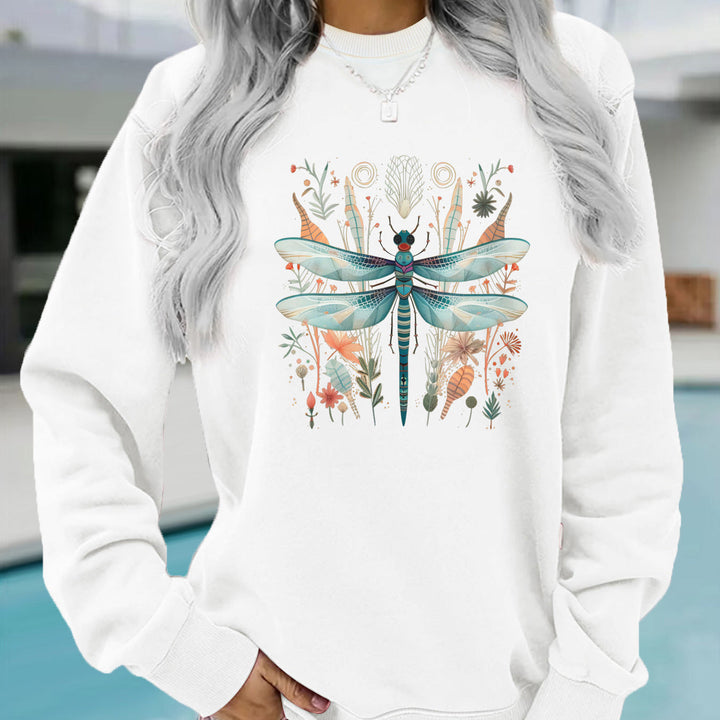 Sweatshirt pour femmes avec un imprimé unique de libellules et un design botanique