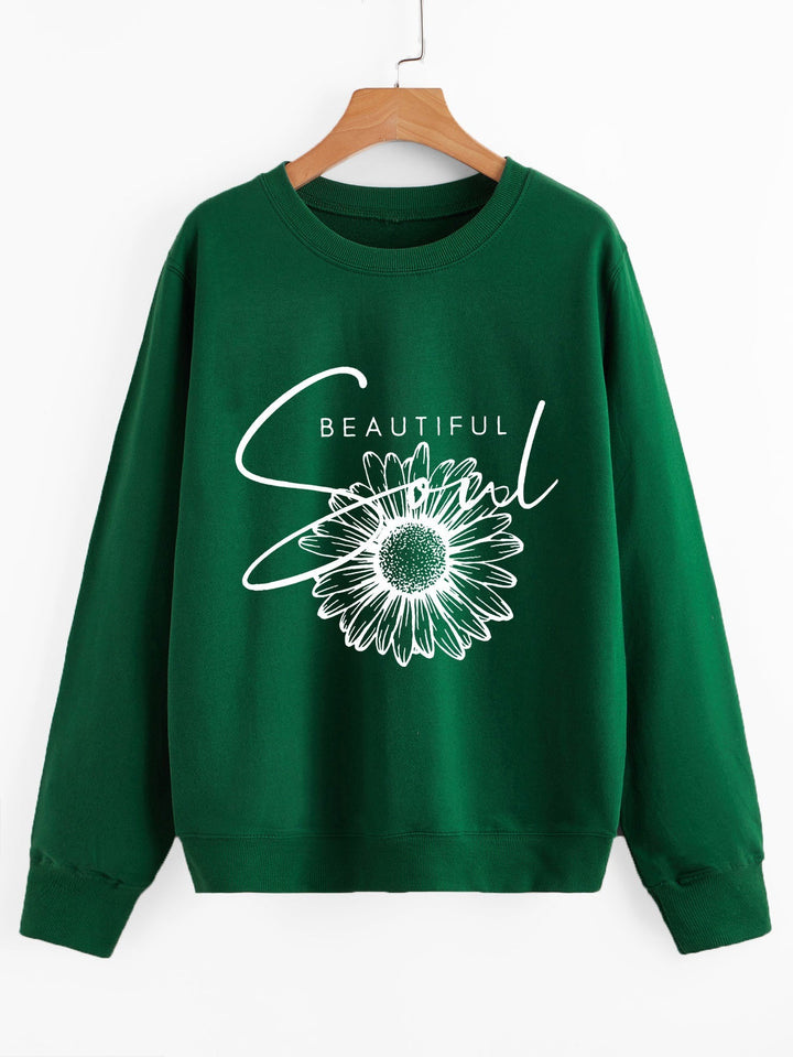 Sweat-shirt femme avec motif floral et inscription inspirante