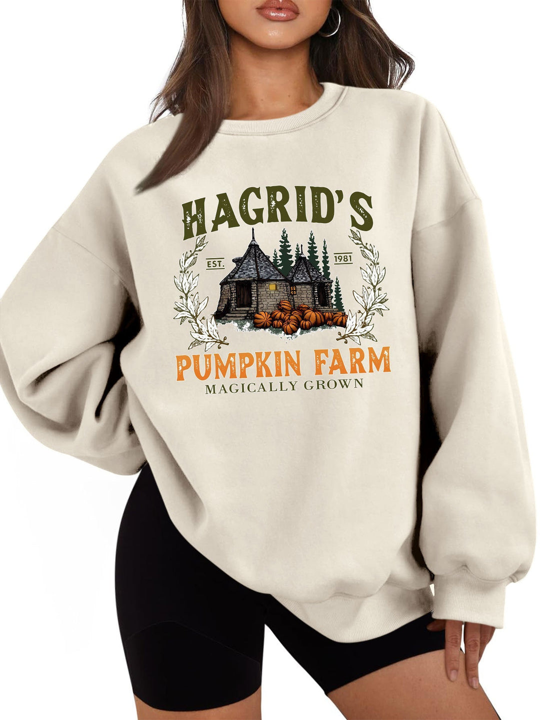 Sweatshirt pour femmes avec un col rond confortable et un motif de citrouille automnal
