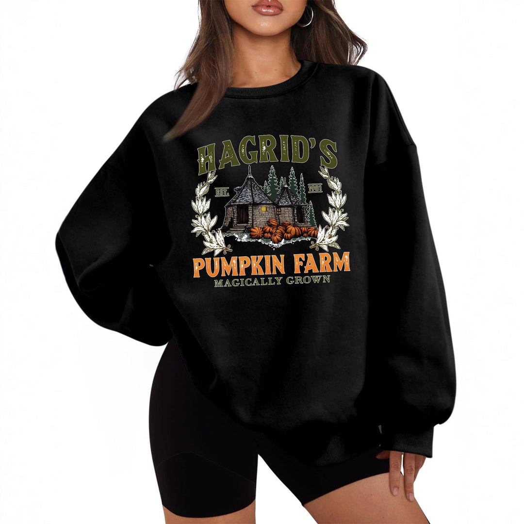 Sweatshirt pour femmes avec un col rond confortable et un motif de citrouille automnal