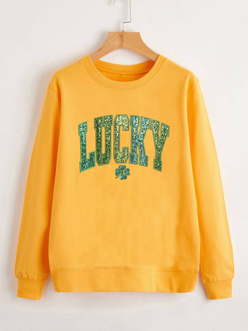 Sweatshirt décontracté pour femmes avec inscription scintillante et motif de trèfle