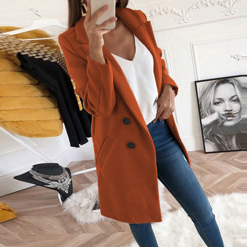 Blazer long élégant et chaud pour femmes avec double boutonnage