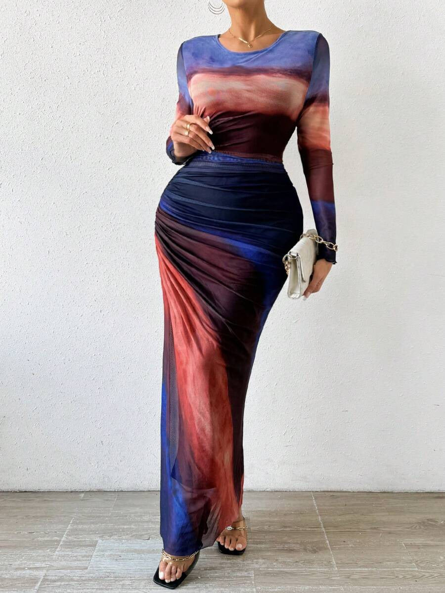 TORINA - Robe maxi imprimée confortable à manches longues et col rond